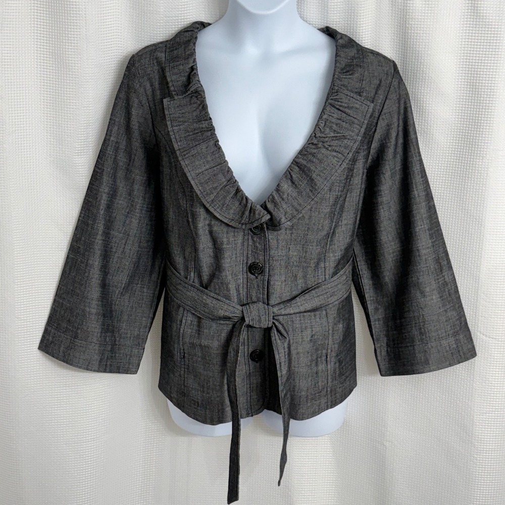 Woman Button Front Ruffle Blazer and Coordinated Capri Pant